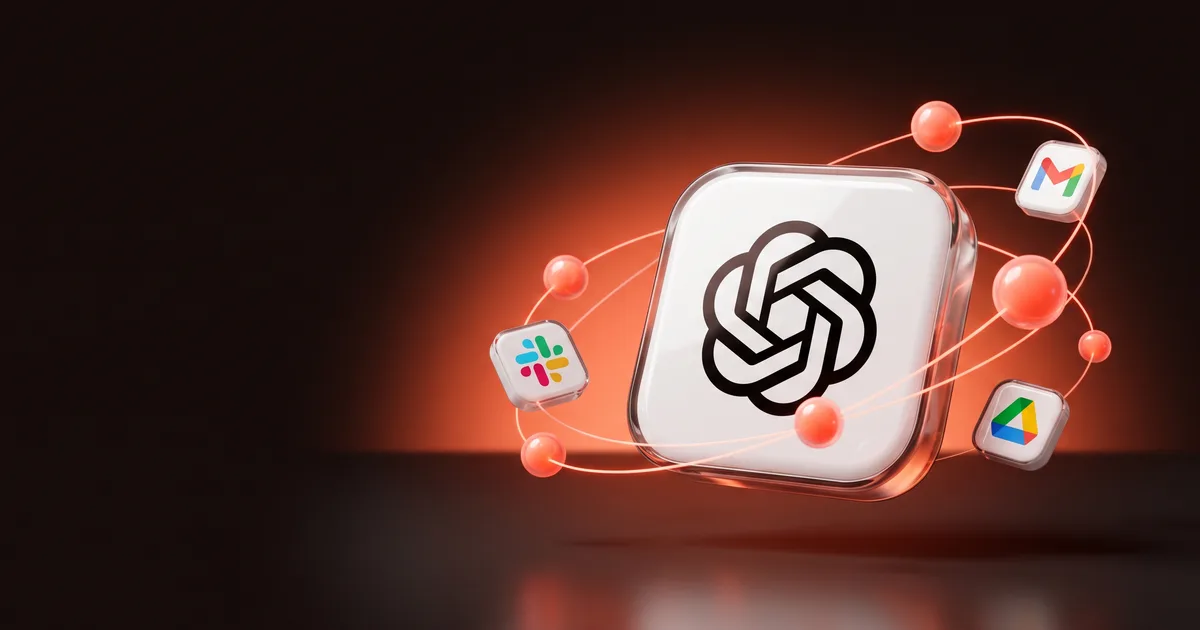 Logo ChatGPT entouré de dots, les agents OpenAI, reliés à Slack, Gmail et Google Drive